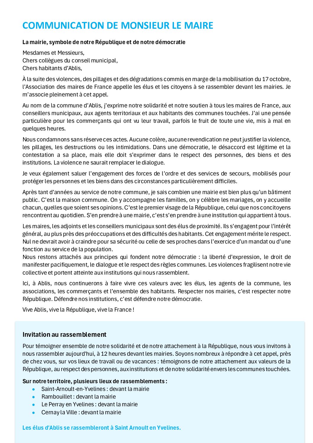 Communication de Monsieur le Maire